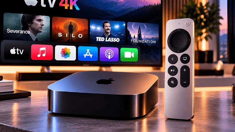 Apple TV 4K device with remote displayed next to a TV showing various apps