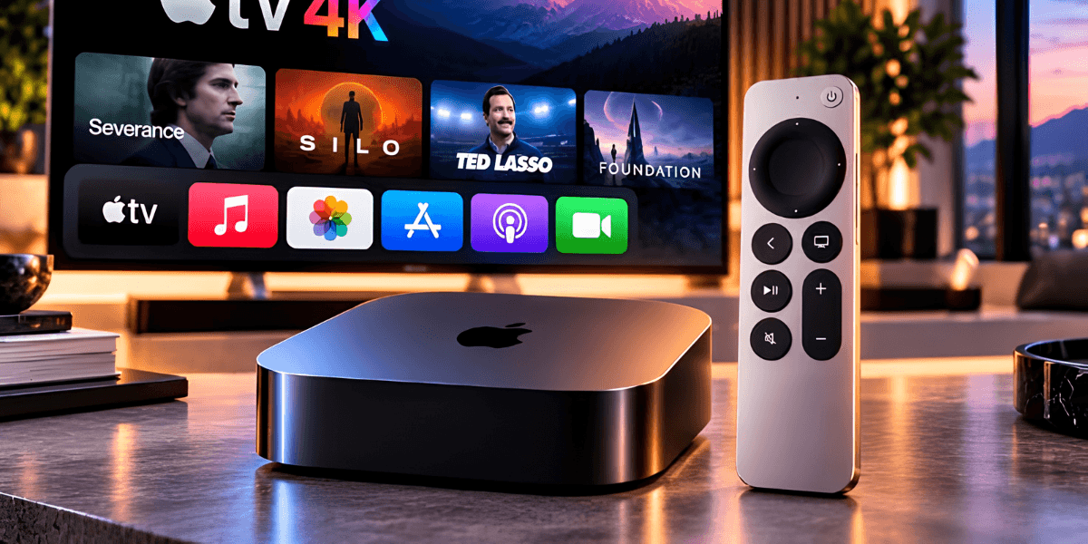 Apple TV 4K device with remote displayed next to a TV showing various apps