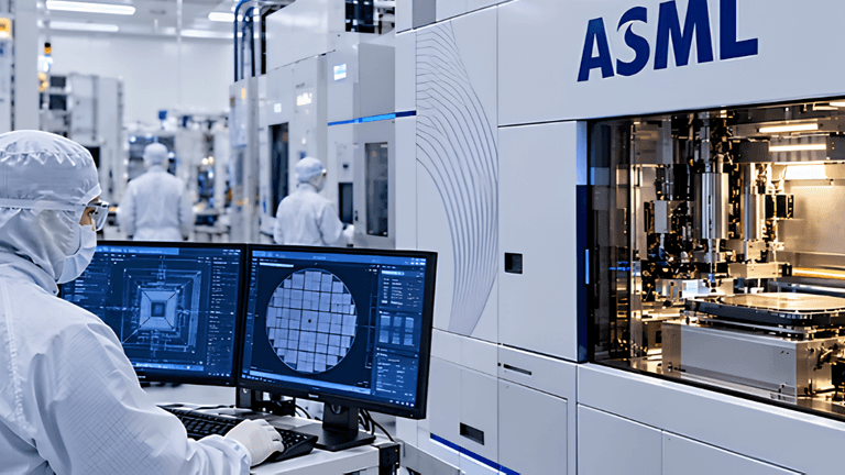 A technician monitors equipment in a cleanroom at an ASML semiconductor manufacturing facility