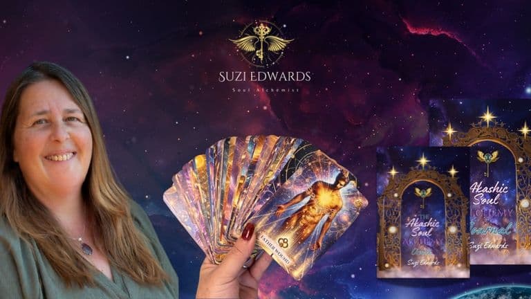 Suzi Edwards, Soul Alchemist, holds her Akashic Soul Alchemy Oracle Deck, designed to empower women's spiritual growth and transformation.