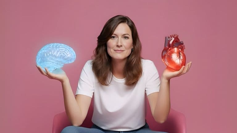 A woman holding a glowing brain and heart, symbolizing the balance of mental and emotional wellbeing in leadership.