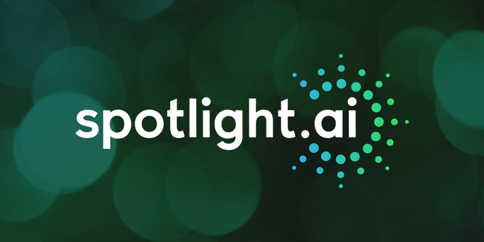 Logo reading "spotlight.ai" on a dark green background with circular bokeh effect. A dotted design radiates from the right of the text, conveying focus and innovation.
