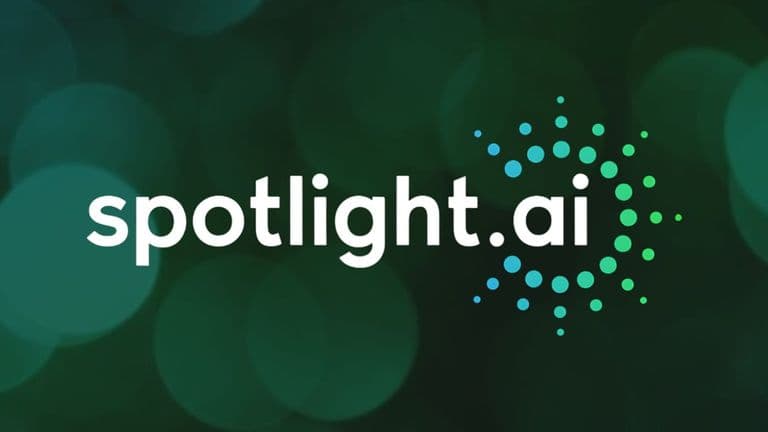 Logo reading "spotlight.ai" on a dark green background with circular bokeh effect. A dotted design radiates from the right of the text, conveying focus and innovation.