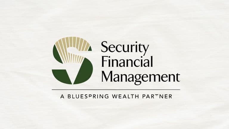 Logo for Security Financial Management, featuring a stylized "S" with green and beige elements, alongside text reading "A Bluespring Wealth Partner" on a white background.