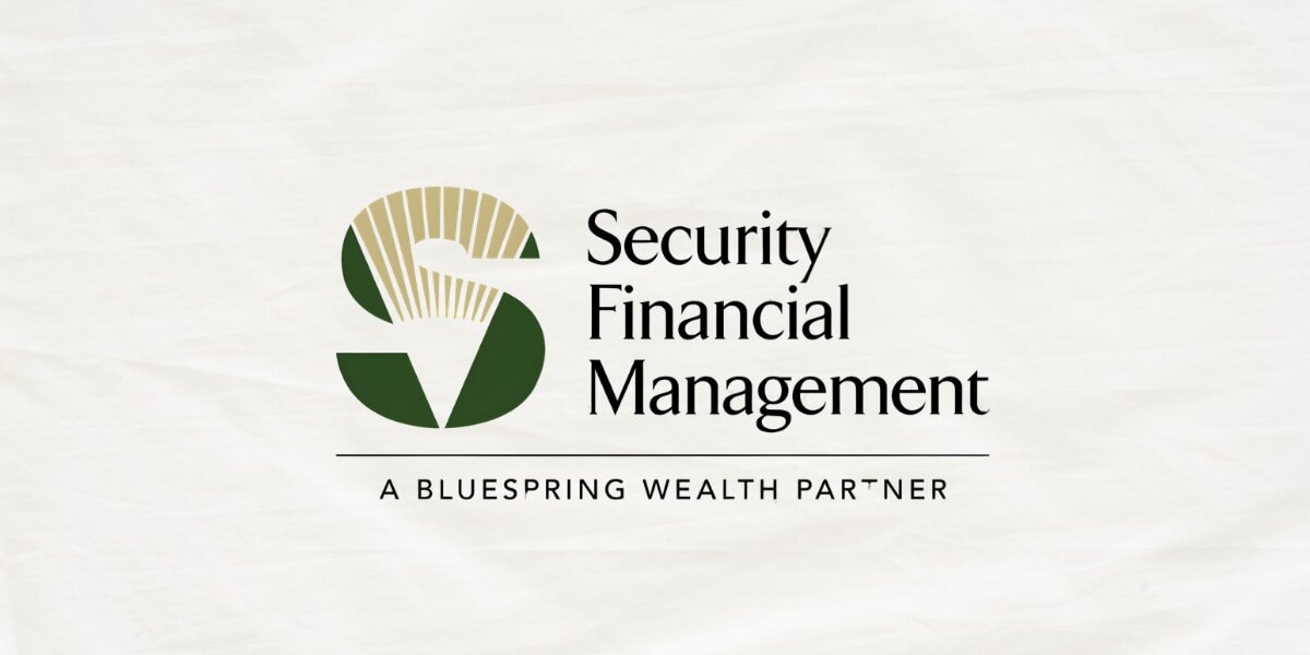 Logo for Security Financial Management, featuring a stylized "S" with green and beige elements, alongside text reading "A Bluespring Wealth Partner" on a white background.