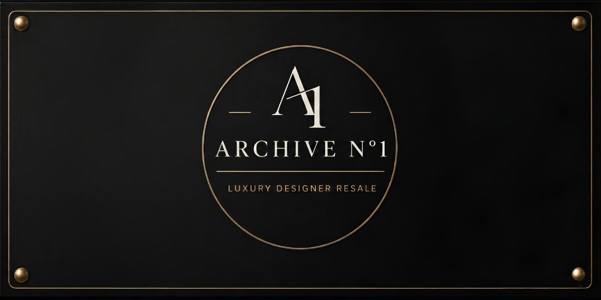 A black sign features a gold-bordered circle with "A1 ARCHIVE N°1" inside, and "Luxury Designer Resale" below, conveying elegance and exclusivity.
