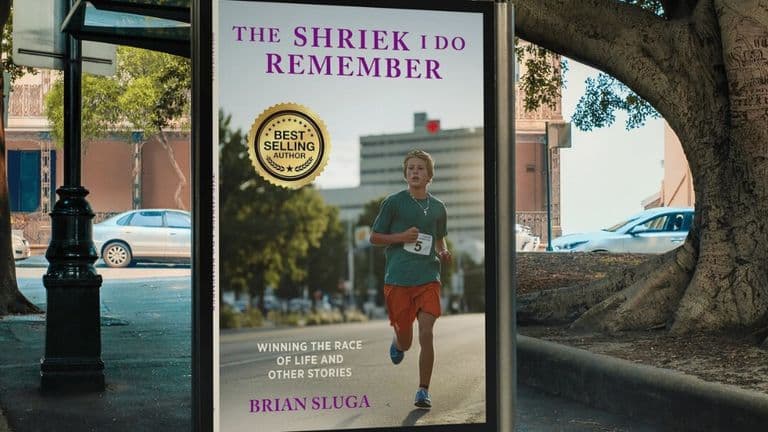 Book cover of The Shriek I Do Remember by Brian Sluga, showcasing a young runner with a "Best Selling Author" badge.