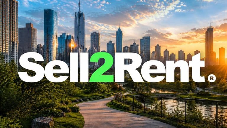 Modern city skyline at sunset with Sell2Rent logo over a park, representing residential sale-leaseback and home equity solutions.