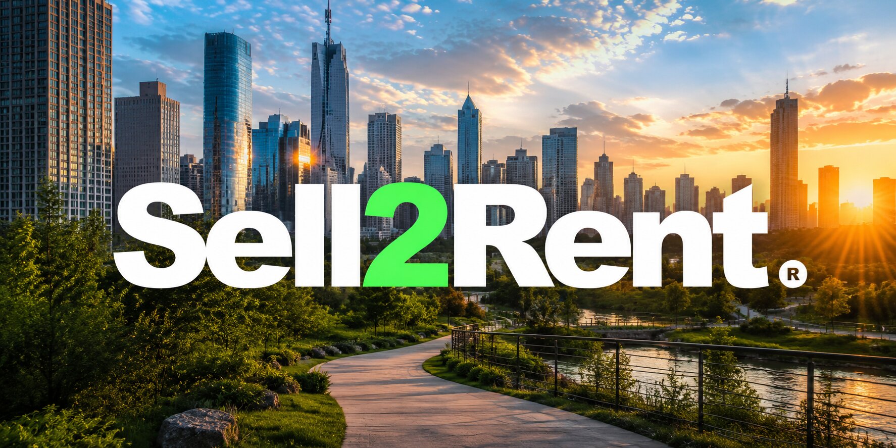 Modern city skyline at sunset with Sell2Rent logo over a park, representing residential sale-leaseback and home equity solutions.