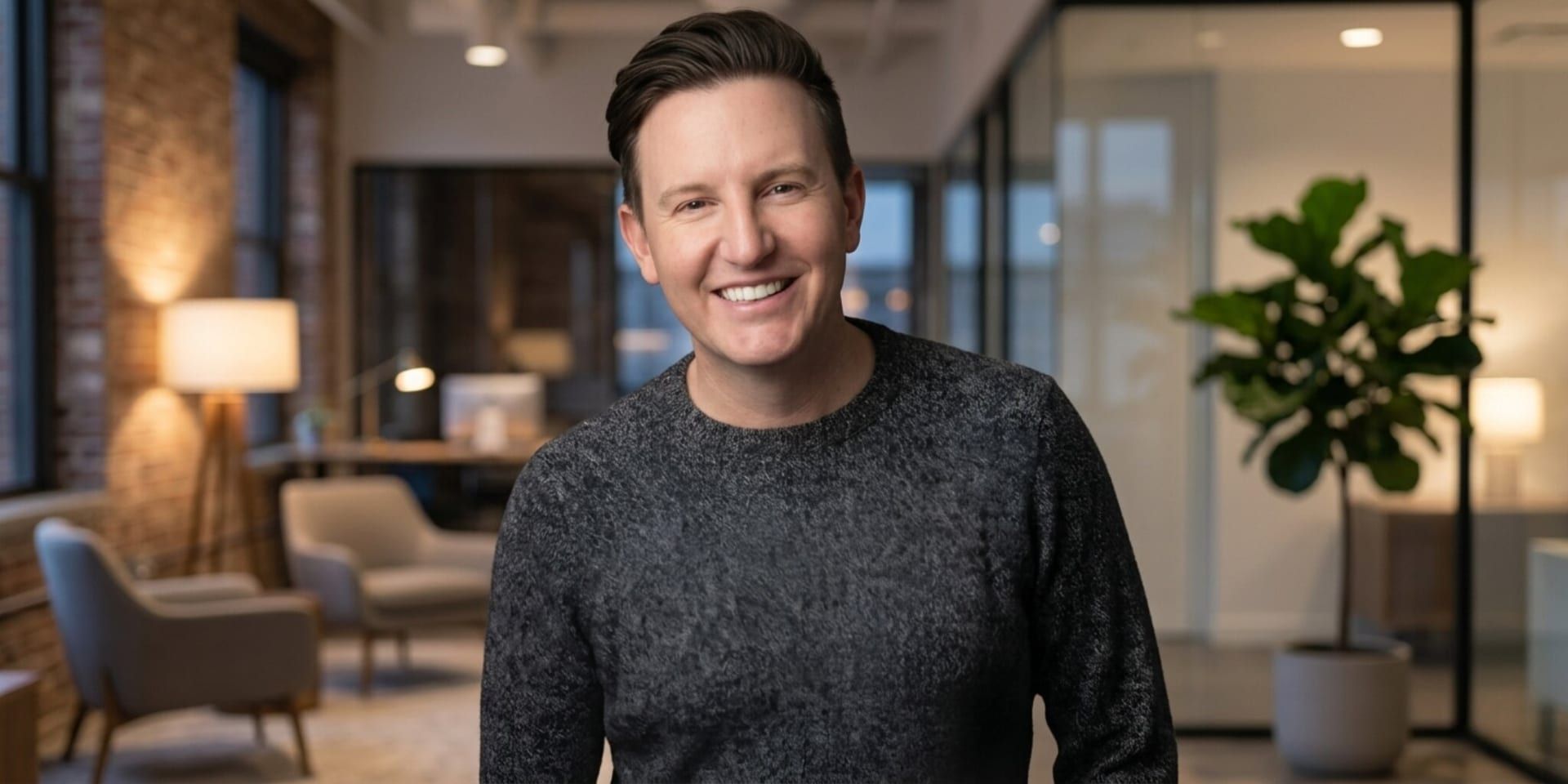 Smiling podcast host in modern office, promoting authentic LGBTQ+ conversations and community connection.