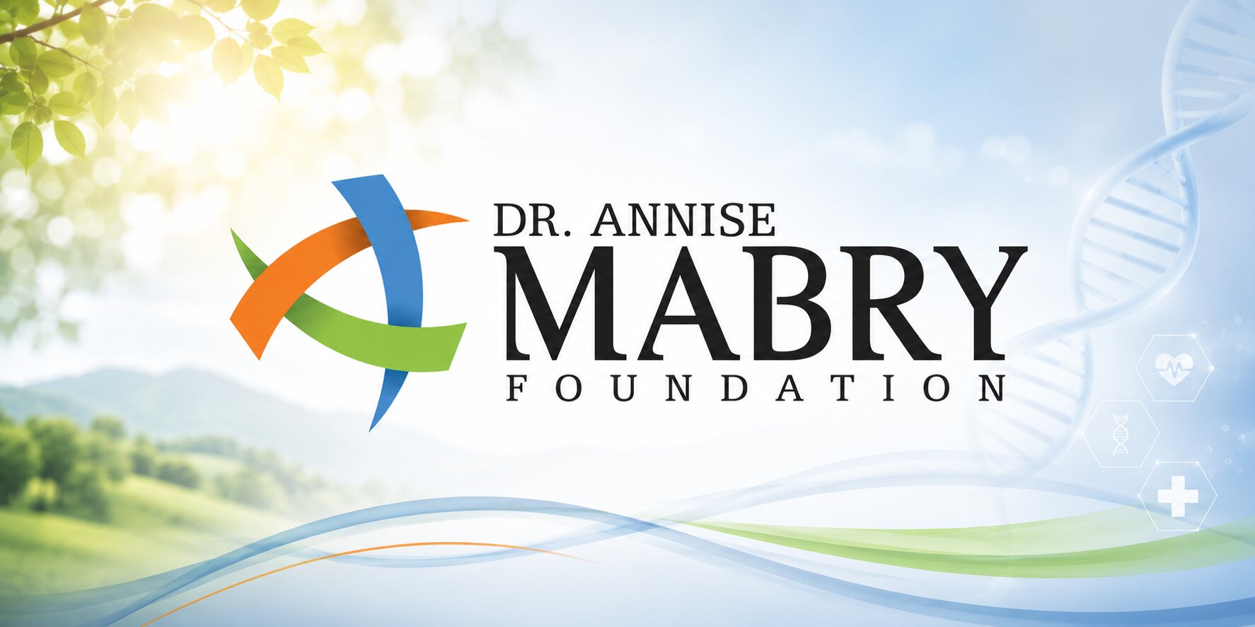 Dr. Annise Mabry Foundation logo with abstract ribbon design, DNA graphic, and healthcare-themed background.