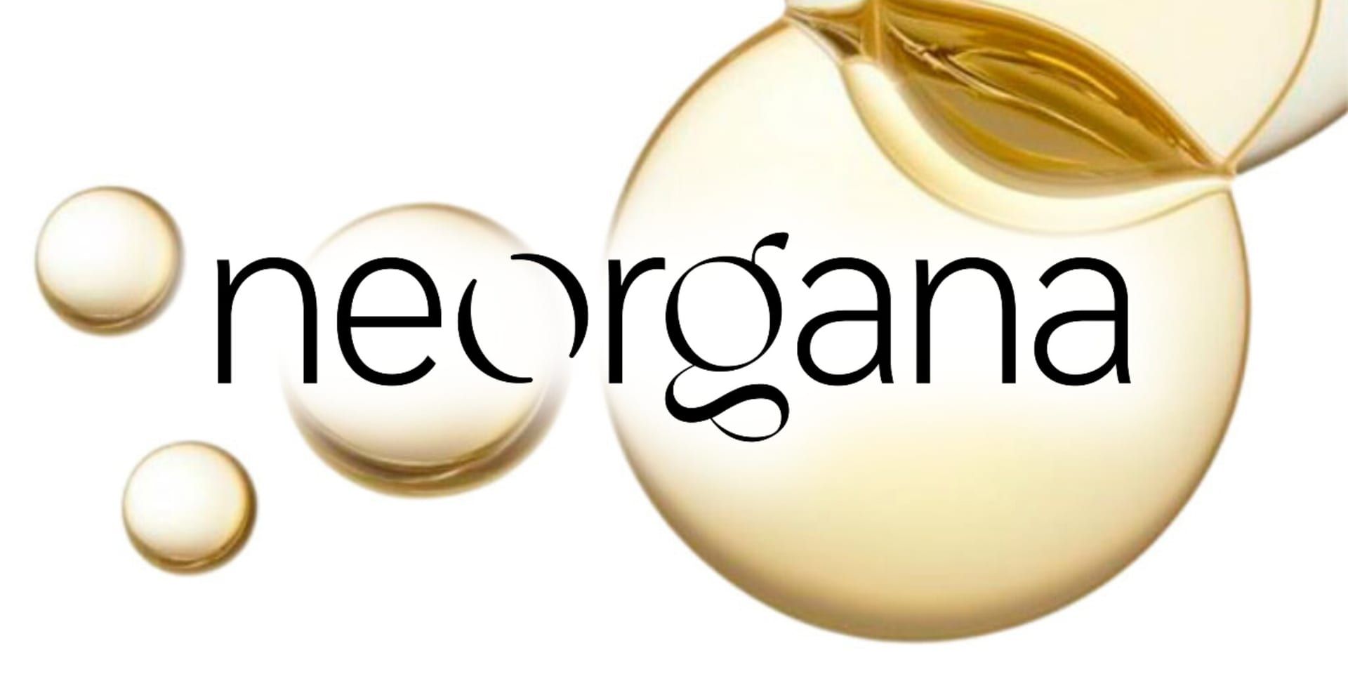 Neorgana logo with golden liquid droplets symbolizing innovative medicine and biotechnology advancements.