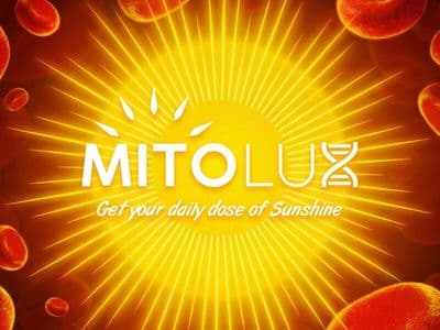 Mitolux logo with sun graphic surrounded by red blood cells and the tagline "Get your daily dose of Sunshine."