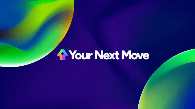 Your Next Move logo on a dark background with colorful abstract gradient shapes.
