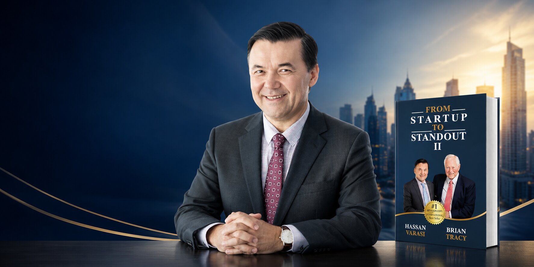 Professional portrait of Dr. Hassan Varasi beside his bestselling business book, with a modern city skyline background.