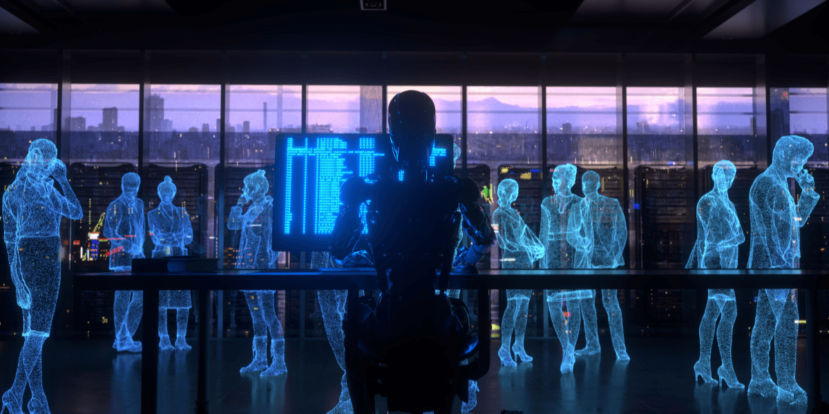 Humanoid robot facing digital holograms in a futuristic office with AI data displays.