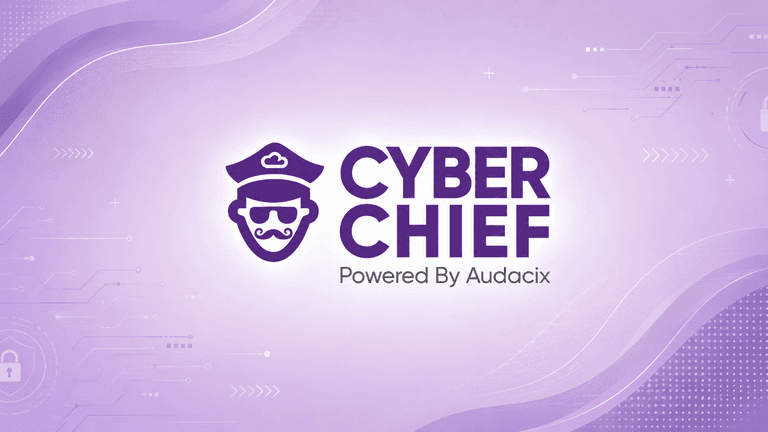 Cyber Chief Powered by Audacix logo in purple with a stylized security chief icon.