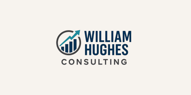 "Logo of William Hughes Consulting featuring a bar graph with an upward arrow, symbolizing growth and success."