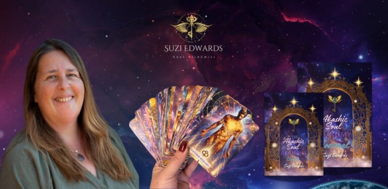 Suzi Edwards, Soul Alchemist, holds her Akashic Soul Alchemy Oracle Deck, designed to empower women's spiritual growth and transformation.