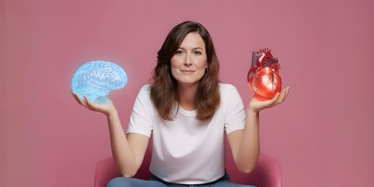 A woman holding a glowing brain and heart, symbolizing the balance of mental and emotional wellbeing in leadership.