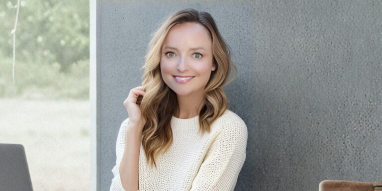A smiling woman with wavy blonde hair in a white sweater, embodying resilience and healing in high-performance leadership.