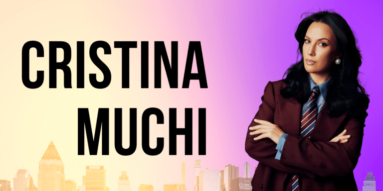 Image of Cristina Muchi with a city skyline background, promoting her publishing company Upway Books.