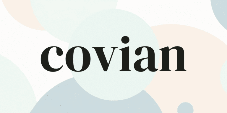 Minimalist logo with “covian” text over soft pastel abstract circles.