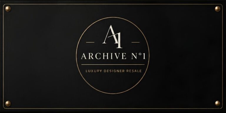 A black sign features a gold-bordered circle with "A1 ARCHIVE N°1" inside, and "Luxury Designer Resale" below, conveying elegance and exclusivity.