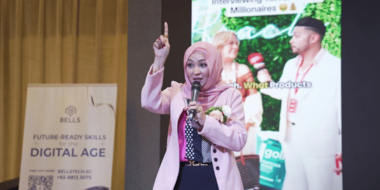 Woman in magenta suit and hijab walking confidently, surrounded by text promoting FLY and online income opportunities.