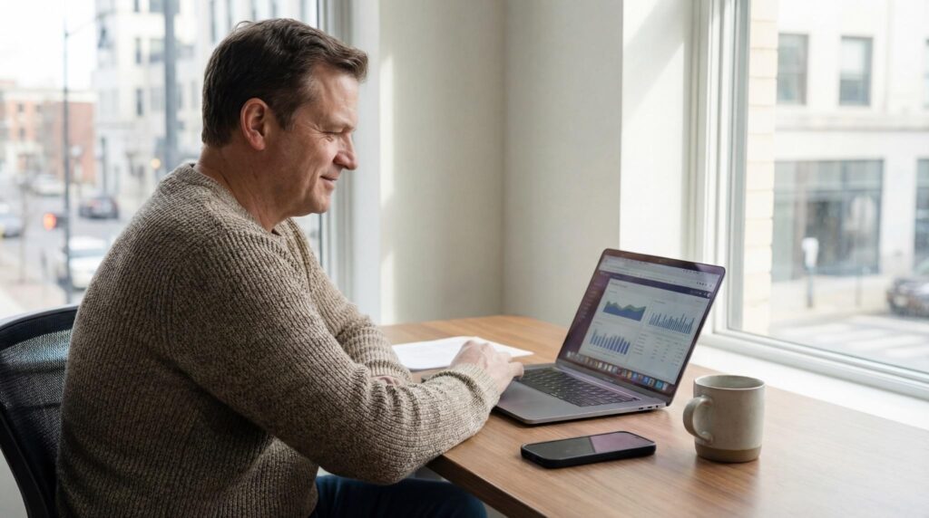 Business professional reviewing analytics on a laptop beside a coffee mug, illustrating AI-powered inbound call management.