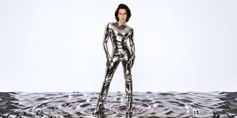 Ricky Rebel stands in a reflective chrome outfit on a metallic liquid surface against a bright backdrop.
