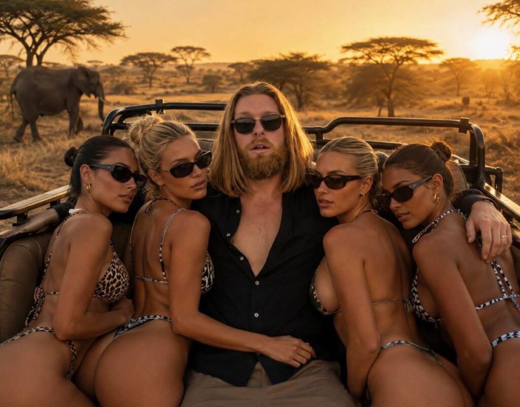 Sky Best poses in a safari vehicle with four women as elephants roam behind at sunset.