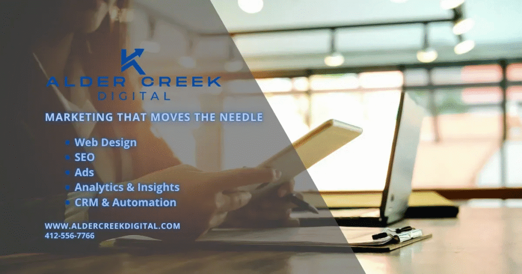 Alder Creek Digital marketing services graphic featuring web design, SEO, ads, analytics, and CRM automation.