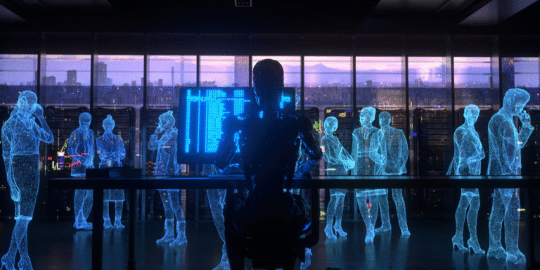 Leadership in the AI Economy Means Investing With Conviction, Not Chasing Headlines Humanoid robot facing digital holograms in a futuristic office with AI data displays.