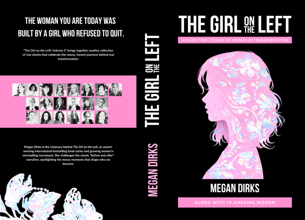 The Girl on the Left Volume Two book cover featuring a pink silhouette and contributor portraits.