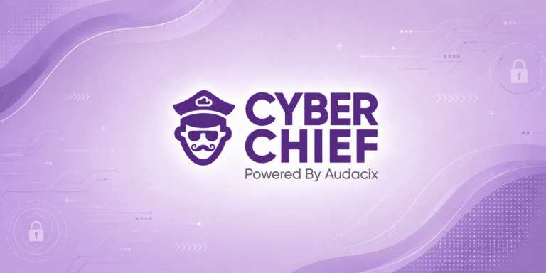 The Startup Playbook Stops Working At Scale. Security Is One Of The First Places It Shows. Cyber Chief Powered by Audacix logo in purple with a stylized security chief icon.